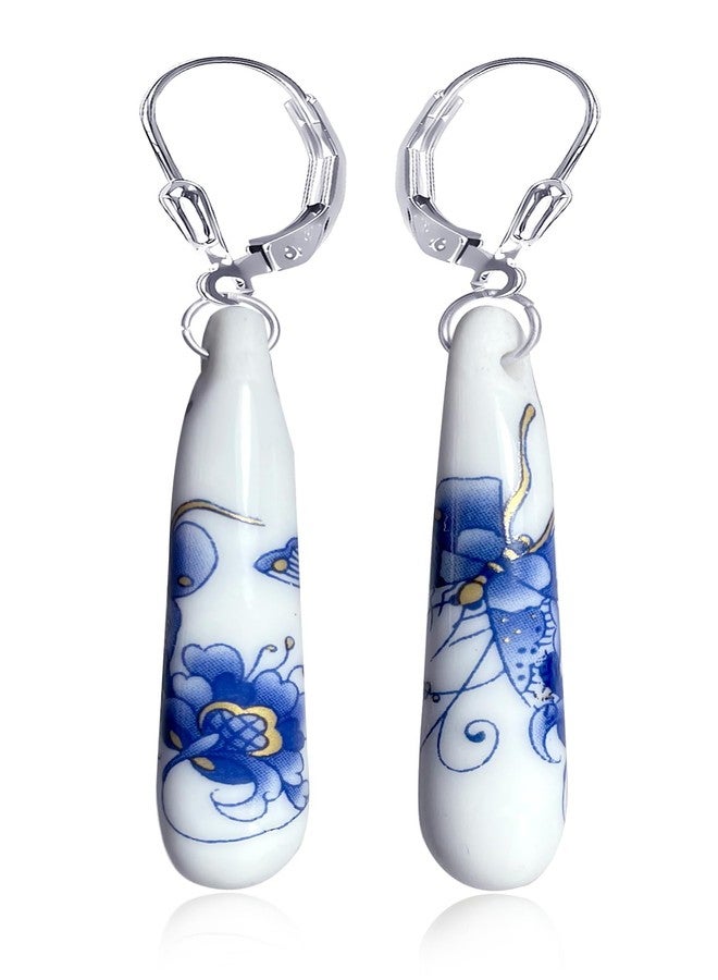 HAIXIAN Blue and white porcelain Enamel Flower Drop Earrings for Women,Porcelain Floral Statement Dangle Earrings,Platinum Plated Sterling Silver Hooks (Porcelain_A) - Image 1